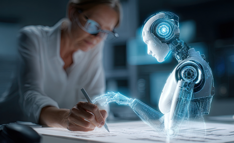 Woman being assisted by robot with AI technology