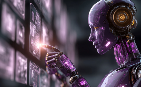 AI robot looking over technology data