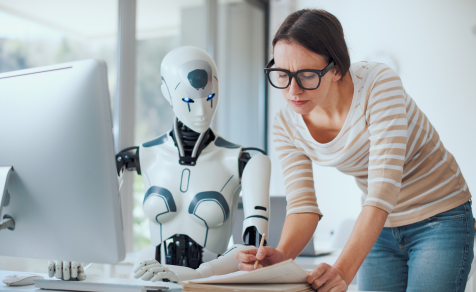 Woman working with robot implementing Eightfold.AI